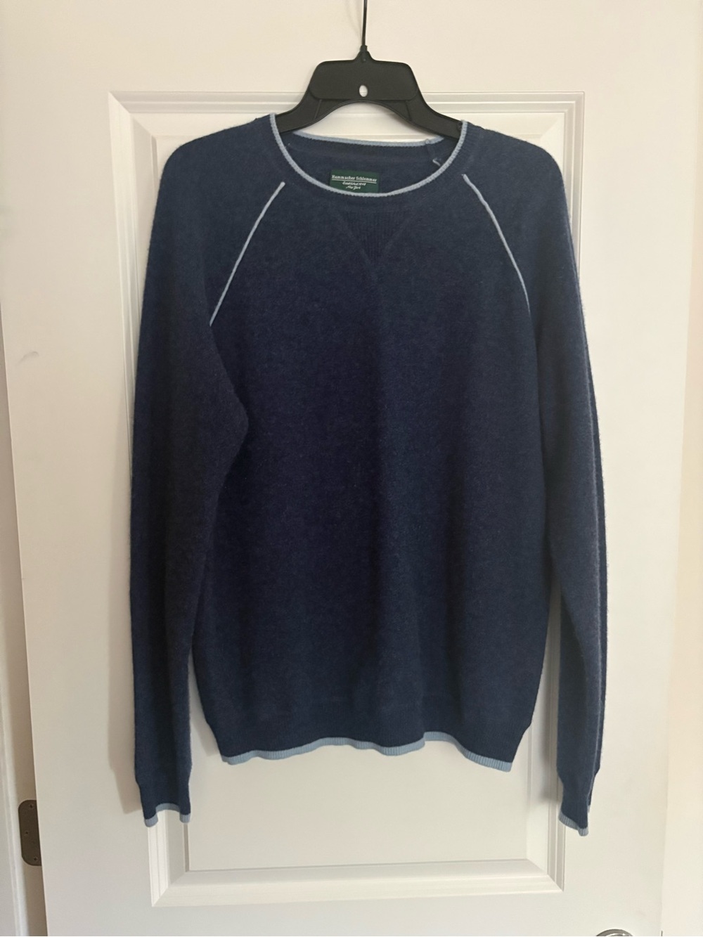 Men's Navy Cashmere Crewneck Sweater with Light-Blue Contrast Trim M